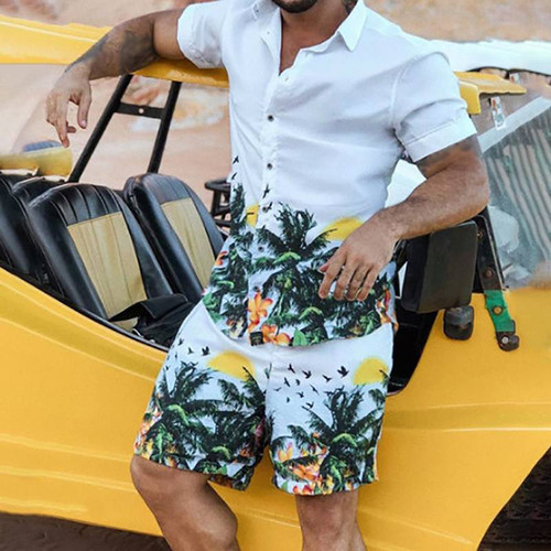New Printed Men's Hawaiian Short Sleeve Shirt & Shorts Streetwear 2-Pieces Set