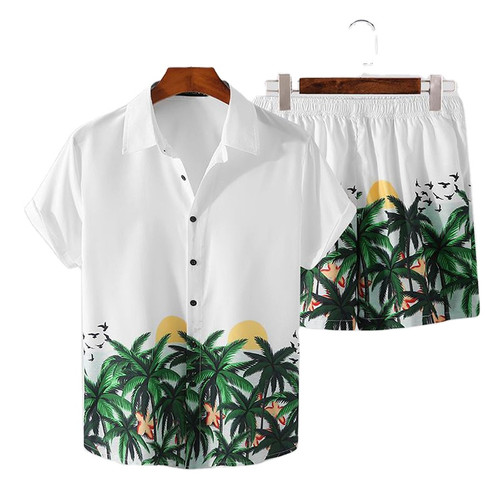 New Printed Men's Hawaiian Short Sleeve Shirt & Shorts Streetwear 2-Pieces Set