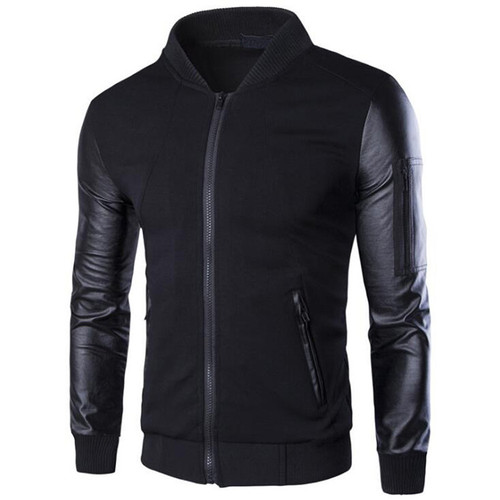 Men's Jackets New Patchwork Leather Sleeve Coat Cardigan Slim Stand Zipper Coat