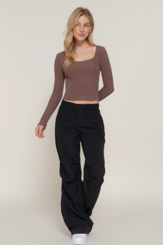 Long SLV Sweetheart Neck Seam Detail Knit Top-44616