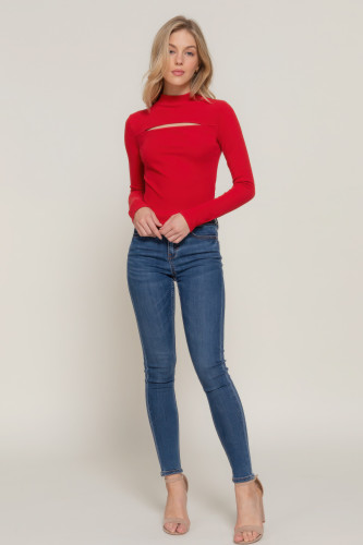 Long SLV Mock Neck Kyehole Rib Knit Top -44622