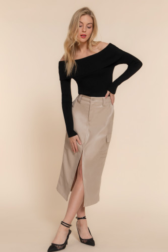 Faux Leather Midi Cargo Skirt-44525