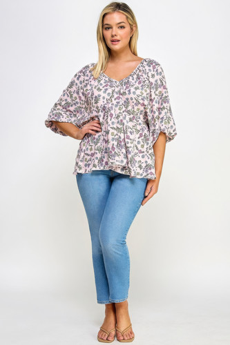 Floral V-neck Babydoll Balloon Slv Top-43866
