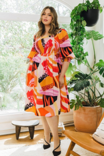 Plus Floral Print Square Neckline Midi Dress-43937