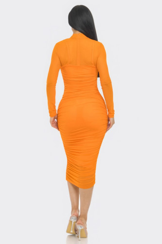 Solid Mesh Ruched Midi Dress-44010