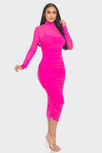 Solid Mesh Ruched Midi Dress-44011