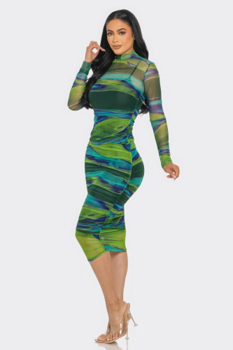 Glitch Print Mesh Ruched Midi Dress-44017