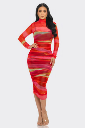 Glitch Print Mesh Ruched Midi Dress-44018