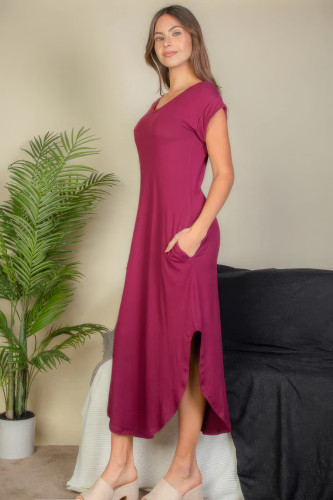 Hidden Pocket Batwing Sleeve V Neck Long Dress-44047