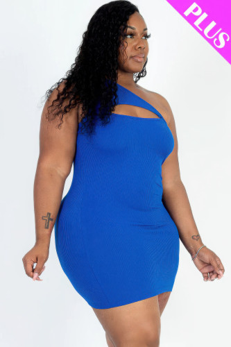Plus Size Ribbed One Shoulder Cutout Front Casual Mini Bodycon Dress-44719
