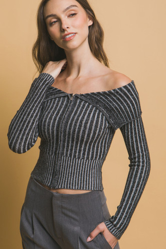 Ribbed bardot zip up long sleeve-44786