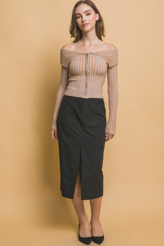 Ribbed bardot zip up long sleeve-44787