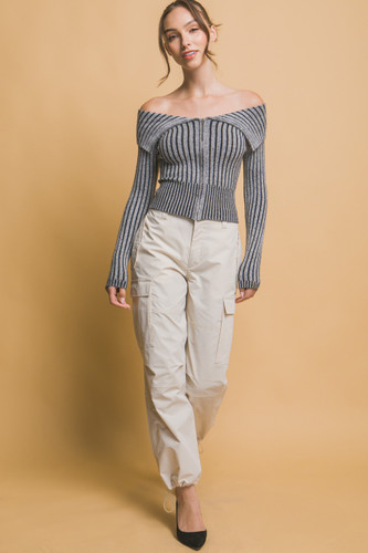 Ribbed bardot zip up long sleeve-44788
