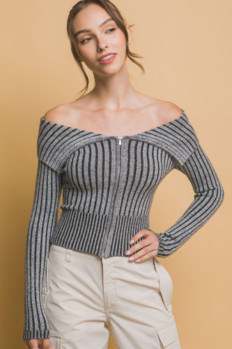 Ribbed bardot zip up long sleeve-44788