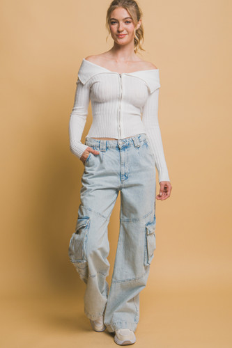Ribbed bardot zip up long sleeve-44789
