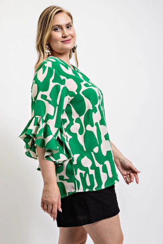 Geometric print ruffled bell sleeve woven top-44806