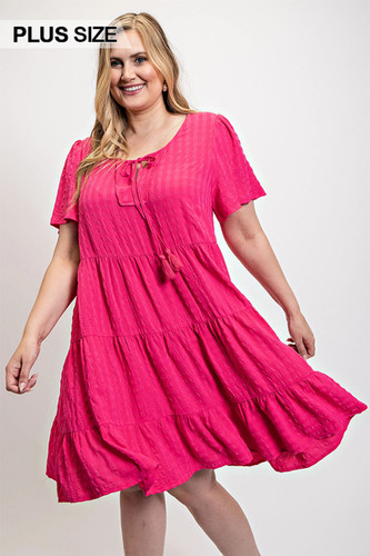 Textured woven tiered dress with tassel tie and pockets-44811