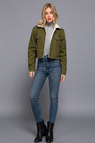 Button Closure Sherpa-lined Twill Jacket        -44848
