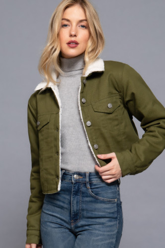 Button Closure Sherpa-lined Twill Jacket        -44848