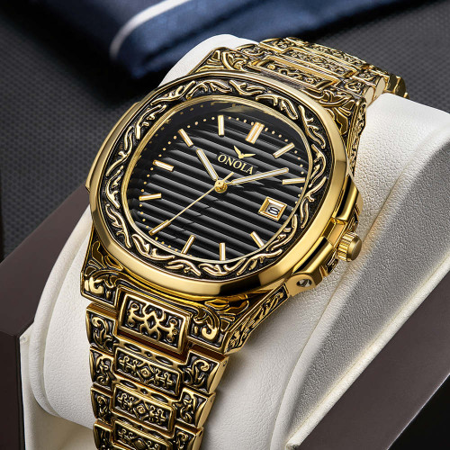 ONOLA Watches Luxury Vintage Engraved Gold Watch Men's Waterproof Quartz Clock