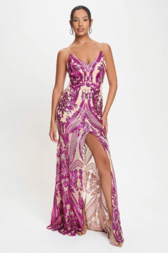 Spaghetti Strap Art Deco Sequins Maxi Dress-44974