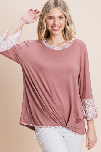 Animal Print Contrast Bell Sleeves Fashion Top With Gathered Front Hem-44984
