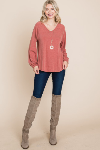 Casual V Neck Basic Long Sleeve Top      -44994