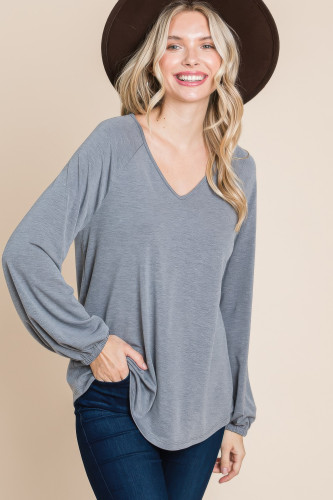 Casual V Neck Basic Long Sleeve Top      -44995