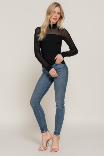 Long Slv Mesh Panel Detail Sweater Top      -46045