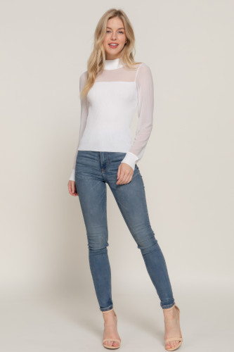 Long Slv Mesh Panel Detail Sweater Top      -46047