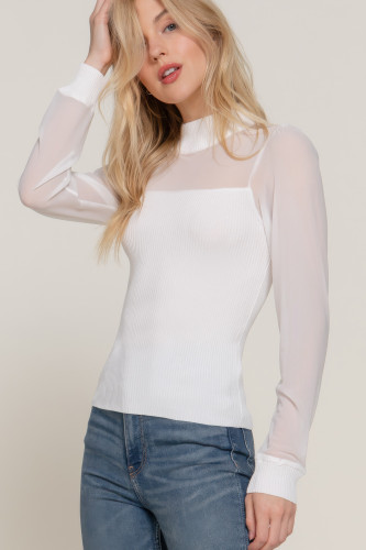 Long Slv Mesh Panel Detail Sweater Top      -46047