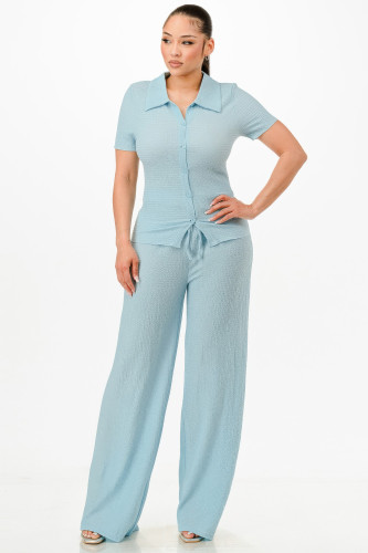 Textured Polo Top And Pants Set-46589