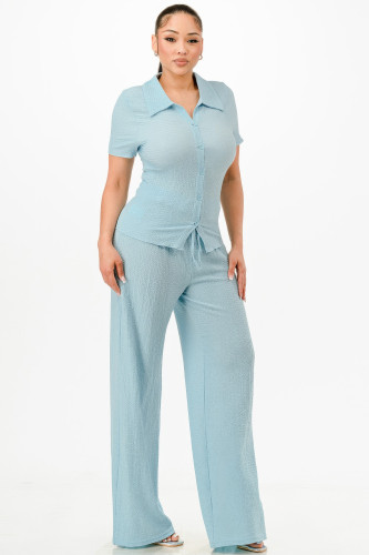 Textured Polo Top And Pants Set-46589