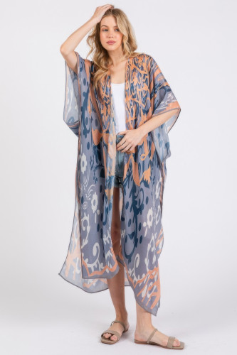 Boho Print Open Front Long Kimono-47594