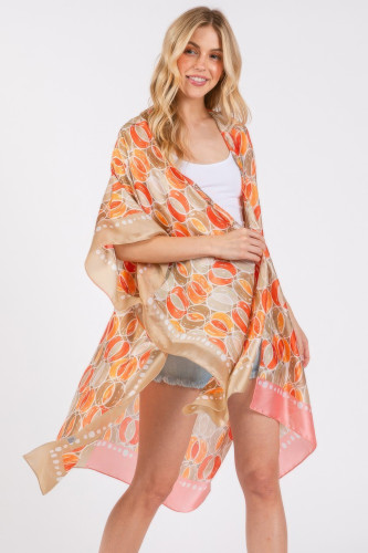 Two Tones Trim Abstract Print Silky Feel Kimono-47610