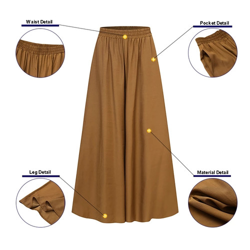Women's Summer Boho Solid Color Wide Leg Pants Elastic High Waist Clothing