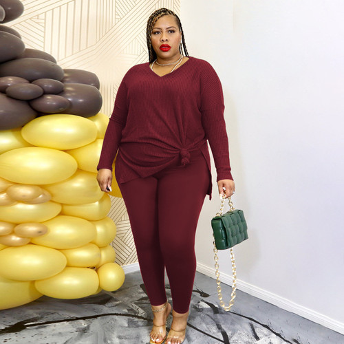 Women's Casual Plus Size Two Piece Set Solid Color Long Sleeve Knit Suit