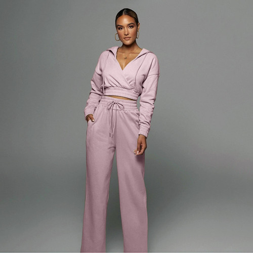 New Design Logo Custom Women's 2 Piece Sweatsuit Set Pullover Crop Top Hoodie