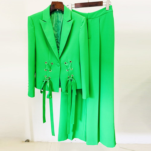 White Two Piece Set With Bow Women Jacket and Pant Long Sleeve Suit Blazer Set