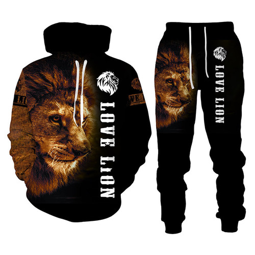 Men's Clothing Lion Printed Hoodies and Pant Set 2 PCS Sport wear Clothes Women