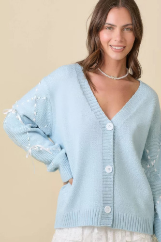 Hand Sewn Satin Ribbon Detail On Sleeve Cardigan-48420
