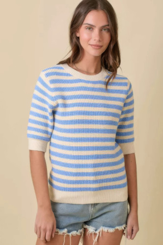 Short Sleeve Sweater Knit Stripe Top-48423