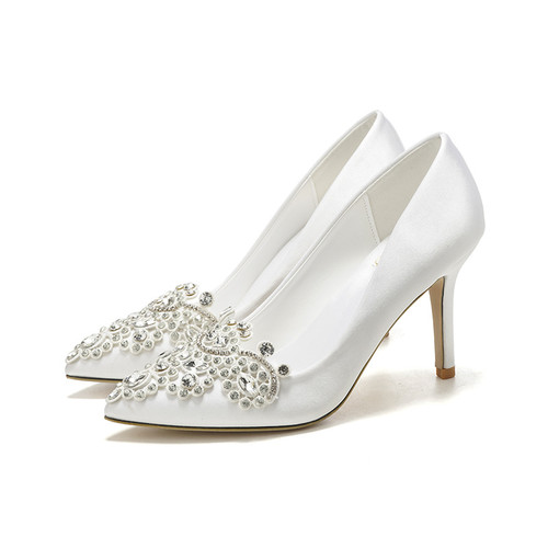 Newest White Leather Crystal Pointed Sling-Back Weeding Shoes Pumps for Ladies