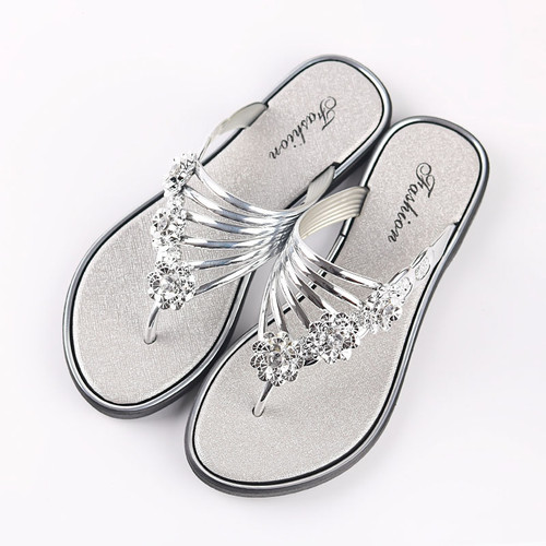 Fashion Casual Flip Flops Women's Rhinestone Flower Shoes Flat Comfortable