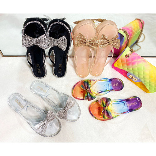 Summer New Women's Fashion Slippers Bow Flat Diamond Clip Foot Beach Slippers