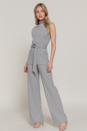Sleeveless Mock Neck Waist Belt Rib Knit Top         -48647