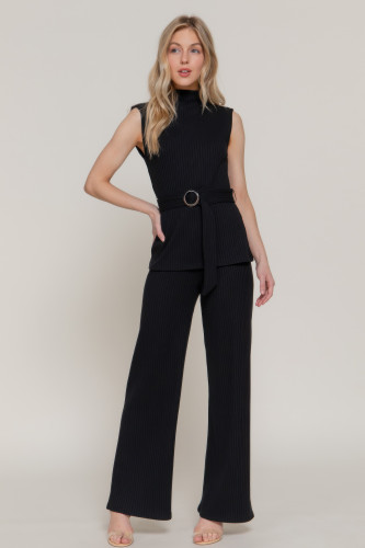 Sleeveless Mock Neck Waist Belt Rib Knit Top         -48648