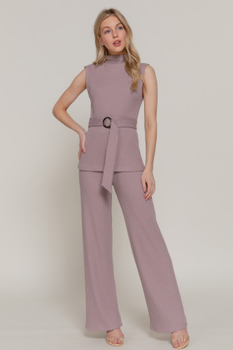 Sleeveless Mock Neck Waist Belt Rib Knit Top         -48650