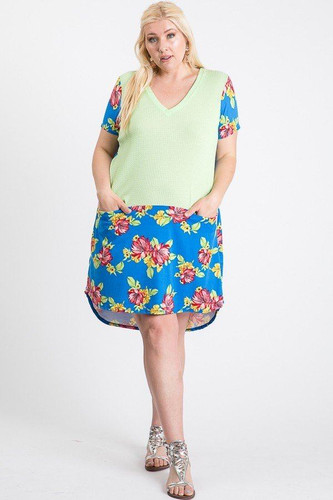 Short Sleeve Floral Blocked Midi Dress With Front Pocket-29691