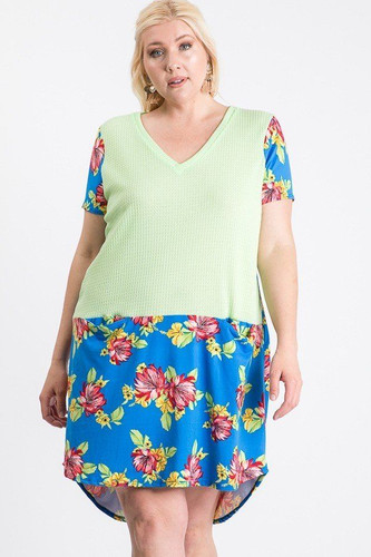 Short Sleeve Floral Blocked Midi Dress With Front Pocket-29691